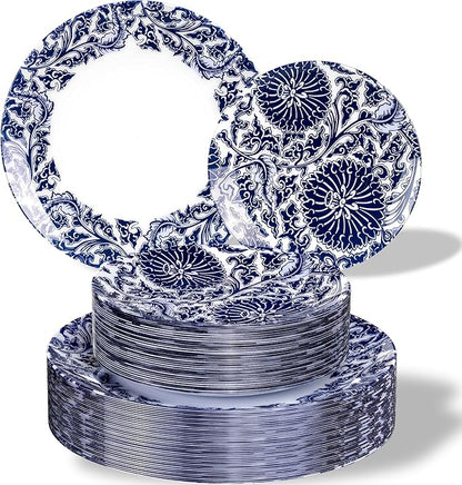 Hioasis 60pcs Plastic Disposable Plates Set - Blue Dandelion & Blue Leaf Pattern, 10.25 Dinner & 7.5 Dessert Plates for Wedding,Anniversary,Party and Holiday