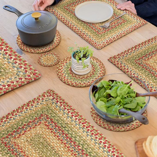 Homespice Azalea Jute Braided Trivets for Table, Warm Country Primitive Decor, Set of 3, Multicolor 8" Round Heat Resistant Mats - Rich Colors, Easy to Clean, Durable and Protects Furniture