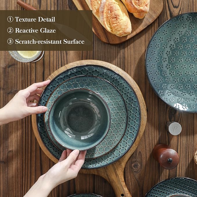 MALACASA 12 Pieces Dinnerware Sets, Farmhouse Plates and Bowls Sets, Embossed - Image 5