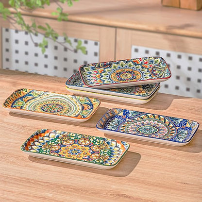 Henten Home Porcelain 8 Inch Dessert Plates, Ceramic Rectangular Salad Plate Set of 6, Bohemian Serving Dishes for Sushi, Appetizer, Cake, Sashimi, Microwave & Dishwasher Safe