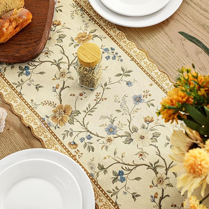 HunnmingRe Chinoiserie Table Runner Light Brown White Floral Table Runner - Image 4