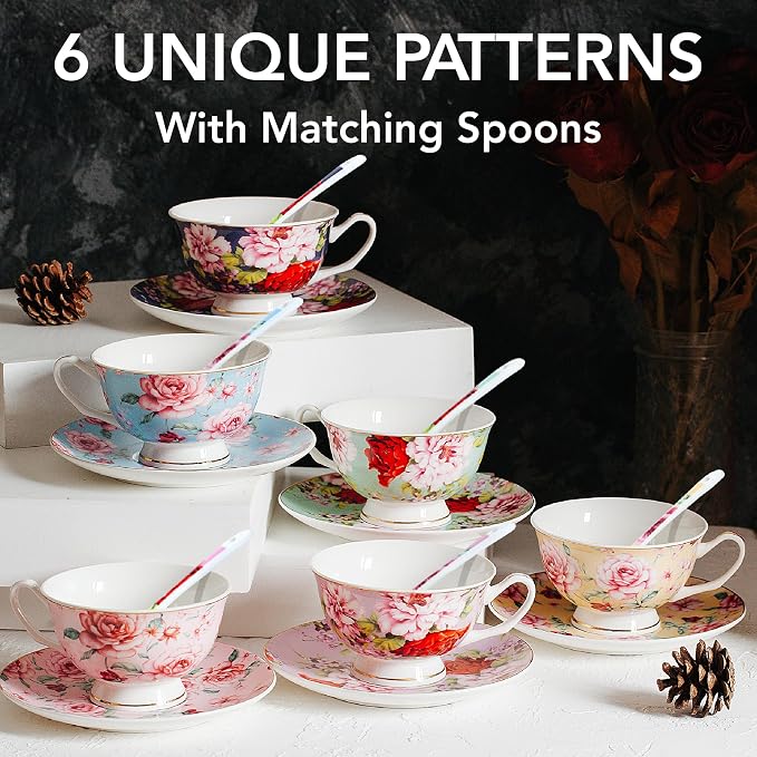 BTaT- Tea Cups and Saucers, Floral Design, Porcelain Tea Cup Sets, Dishwasher - Image 2