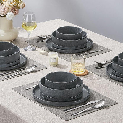 Herogo 16 Piece Plates and Bowls Set, Ceramic Dinnerware Sets with Pasta Bowls, Kitchen Dinner Ware Dishes Service for 4, Chip & Scratch Resistant Dishware, Dark Gray