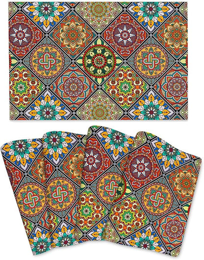 Mandala Colorful Placemats Set of 4 Linen 12"x18" Retro Place Mats Washable Heat-Resistant Boho Kitchen Table Mats for Dining Outdoor Home Decor