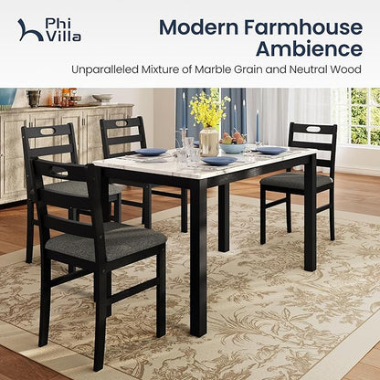 PHI VILLA Solid Wood Dining Table Set for 4, Marble Design Kitchen Table Chairs Set of 4, 5 Piece Space-Saving Dining Room Table Set for Apartment, Venatino White Marble& Black