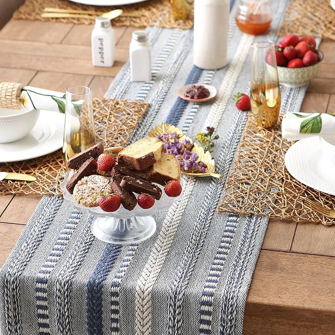 DII Farmhouse Braided Stripe Table Runner Collection, French Blue - Image 5