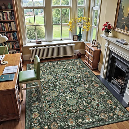 6x9 Vintage Rugs for Dining Room, Washable Rugs Non Slip Large Area Rug for Living Room Bedroom Office, Floor Decoration Big Rug Low-Pile Kid & Pet Friendly(Dark Green