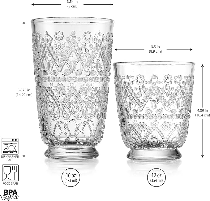Vintage Drinking Glasses Set of 8 Elegant Glassware Set, 4 Highball Glasses 16oz - Image 5