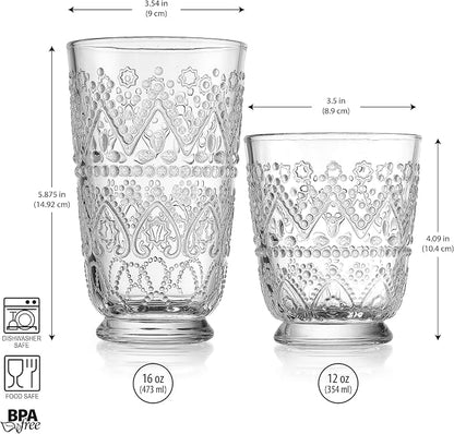 Vintage Drinking Glasses Set of 8 Elegant Glassware Set, 4 Highball Glasses 16oz - Image 5