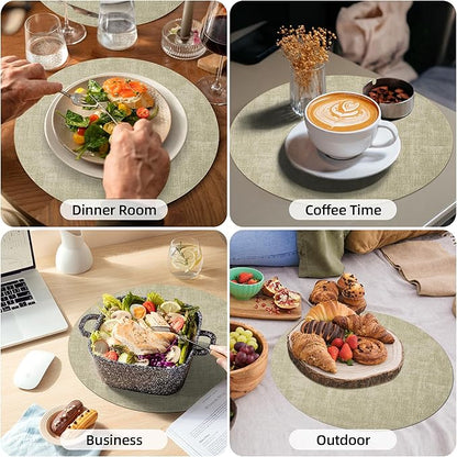 15 inch Faux Leather Round Placemats Set of 6 Non-Slip Washable Wipeable Table Mats, Heat Resistant Waterproof Oilproof Sage Green Place Mats for Kitchen, Dining, Party, Indoor, Outdoor