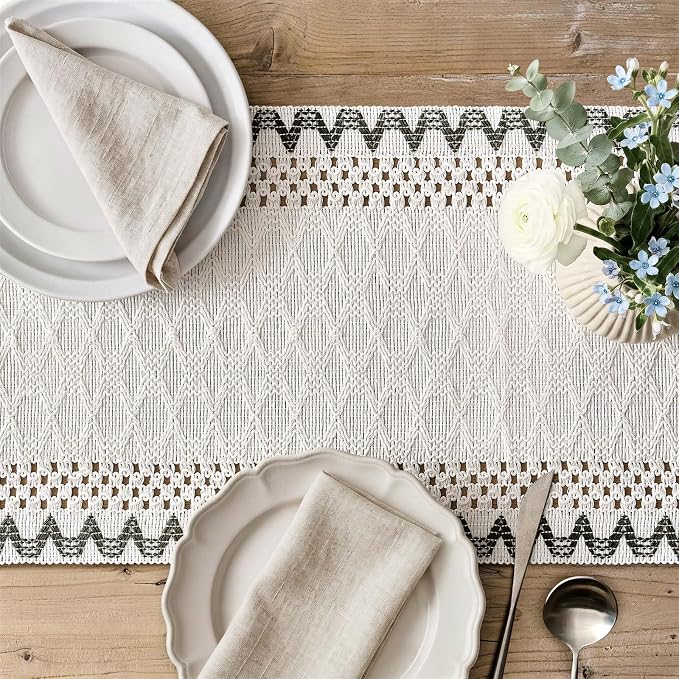 Macrame Side Trim Boho Woven Table Runner, Moss 12x90 Inch | Crochet Hollow - Image 3
