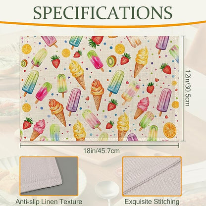 Summer Ice Cream Cloth Placemats,Fruits Popsicle Heat-Resistant Table Placemats Set of 6, Washable Linen Place Mats for Dining Room Table Decor Home Restaurant Cafes Holiday Party 11.8x17.7 Inch