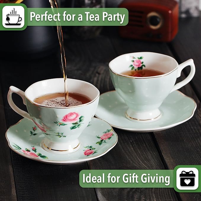 BTaT- Floral Tea Cups and Saucers, 8 oz, Fine Porcelain Teacup Set - Image 6