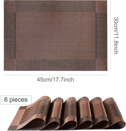 Placemats,Table Place Mats for Kitchen Dining, Heat-Resistant Anti-Skid Stain Washable PVC Table Mats, Easy to Cleaning Woven Vinyl Dinner Mats (Brown, 6 Pack)