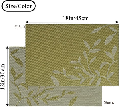 Leaf Placemats Set of 6 Non-Slip Heat-Resistant Vinyl Washable Place Mats for Kitchen Table Indoor Outdoor Durable (18"x12", Green)