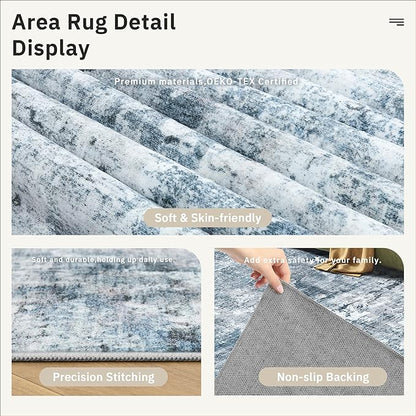 Abstract Rug 5x7 Machine Washable Area Indoor Blue Low Pile Non-Slip Foldable Thin Accent Rugs for Bedroom Living Room Dining Room
