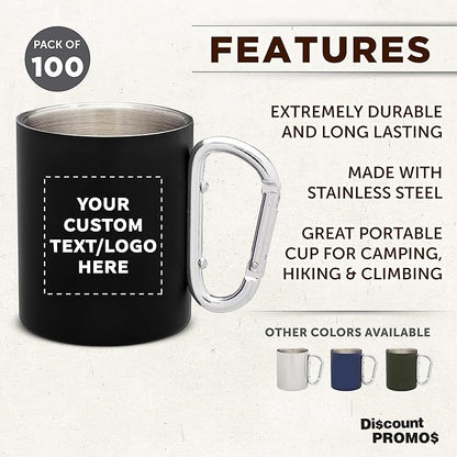 Custom Stainless Steel Mugs with Carabiner Handle 10 oz. Set of 100, Personalized Bulk Pack - Perfect for Coffee, Soda, Other Hot & Cold Beverages - Black