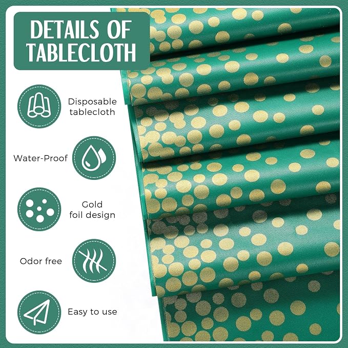 8 Pack Green and Gold Disposable Plastic Tablecloths and Satin Table Runner Set - Image 3