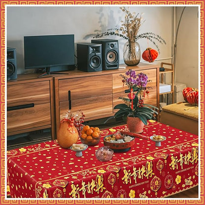3 Pack Chinese New Year Decorations 2026, 54 x 108 Inches Red Plastic Table Cloths, Disposable Lunar New Year Table Cloth Rectangle Tablecloths Tablecover, Spring Festival Year of the Horse Decor