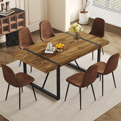 Dining Table Set for 6, Modern 71'' Dark Wood Dining Table and Fabric Dining Chairs Set of 6,Table and Chairs Set of 6,Ideal for Kitchen Dining Room
