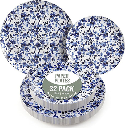 Trendables Heavy Duty Paper Plates Set For 16 Guests - 16 Each Of 8-inch And 10-inch Disposable Plates For Party - Fancy 32 Piece Dinnerware Set For All Occasions | Floral Design, Bluebelle