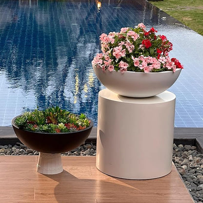 6.9" H x 19.7" D Round Bowl Fiberstone Planter for Succulent and Lotus with Drainage Hole, Smooth Finishes, Weather Resistant, Included 2 Extra Coco Mats (White, 17.9" Pot Opening)