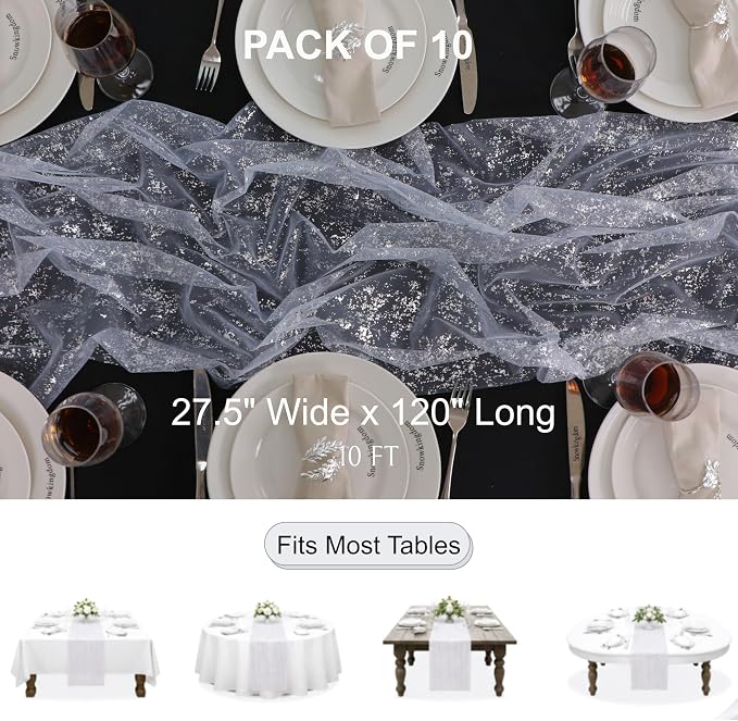 Snowkingdom 10 Pcs 10 FT Silver Table Runners, Sheer Chiffon Gauze Cheesecloth - Image 2
