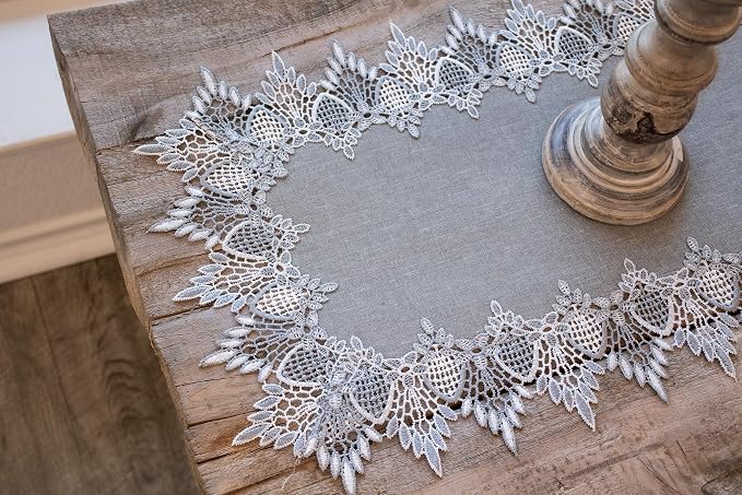 Lace Runner Earth Tone Silver Lace on Silver Fabric Table Runners, Dresser Scarf - Image 4