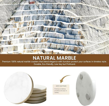 Natural Marble Coasters, Round Costers, Luxury Aesthetic Modern Decor for Coffee Table Bar Kitchen Home, White Marble, Real Natural Semi Absorbent Stone Coasters