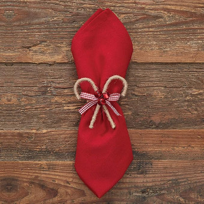 Park Designs Candy Cane Napkin Ring Set of 4 | Rustic Burlap Holiday Napkin Holders with Red Gingham Bow & Festive Bells | 3" H x 3.25" W x 2.5" D | Farmhouse Christmas Table Decor
