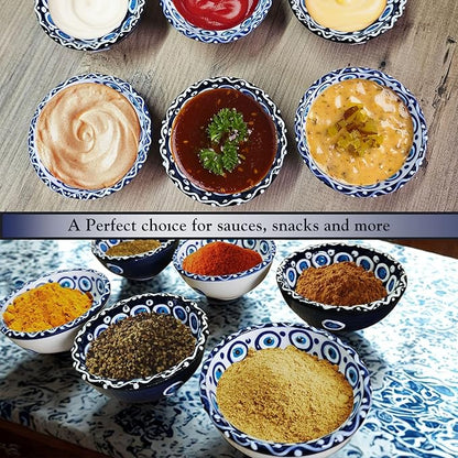 Handmade Decorative Turkish Ceramic Mini Pinch Bowls Set of 6 – Small Dipping & Serving Sauce Bowls, Charcuterie Accessories, Hand-Painted Evil Eye Pattern Snack Dishes for Kitchen & Table Decor