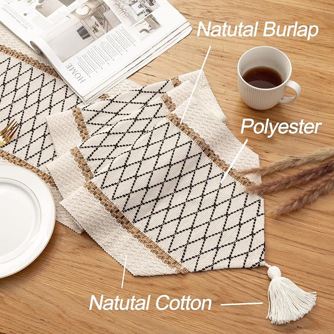 Table Runner, Boho Style with Tassels, Cotton & Linen, Farmhouse Home Decor - Image 3
