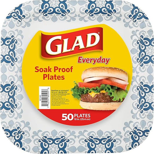 Glad Printed Disposable Paper Plates, 50 Count 10 Inch | Heavy Duty Soak Proof Paper Plates with Beautiful Printed Design | 50 Count Square Paper Plates