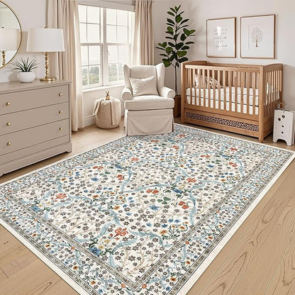GarveeHome 8x10 Area Rugs, Washable Rugs for Living Room Non Slip Stain Resistant Ultra Soft Floral Rug, Boho Carpet Floor Mat for Bedroom Dining Room Nursery Playroom Office, Beige