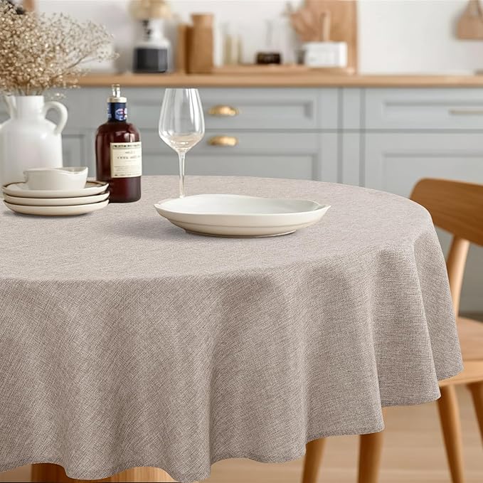 JIUZHEN Round Table Cloth Faux Linen Farmhouse Tablecloth Wrinkle and Stain Resistant Decorative Fabric Table Cover for Kitchen, Dining Room, Parties and Camping, Stone, 90 Inch Round
