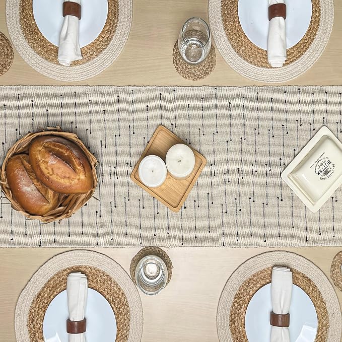 Woven Jute with Ivory/Black Handcrafted Details Decorative Table Runner - Image 7