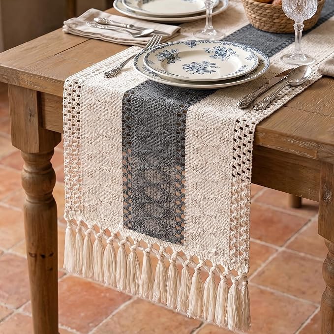 Boho Macrame Table Runner with Tassels 72in Grey Farmhouse Runner | Macrame by Xiomot