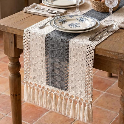 Boho Macrame Table Runner with Tassels 72in Grey Farmhouse Runner | Macrame by Xiomot