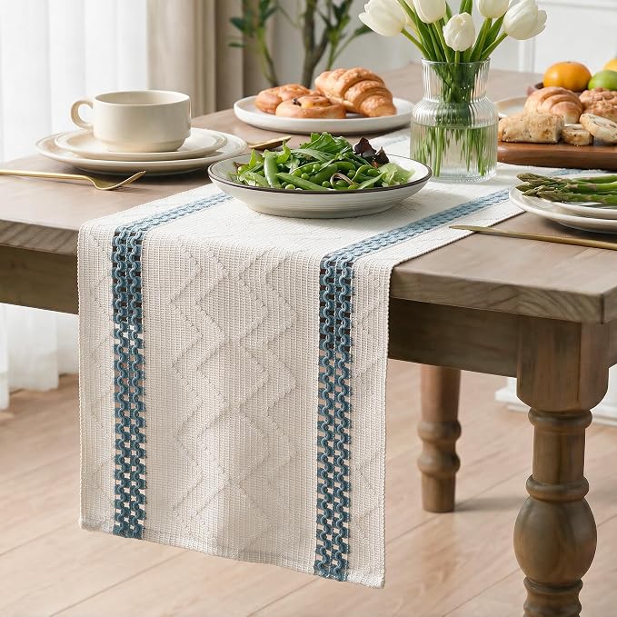 Artoid Mode Sky Blue Stripe Woven Rustic Table Runner 12x72 Inch | Holiday - Image 3
