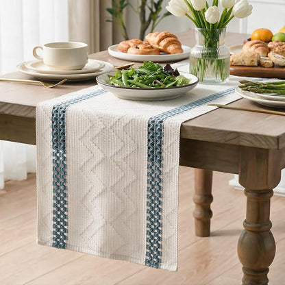 Artoid Mode Sky Blue Stripe Woven Rustic Table Runner 12x72 Inch | Holiday - Image 3