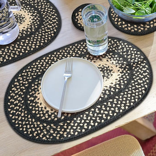 Homespice Manchester Jute Braided Placemats, Country Primitive Decor, Set of 4, Black and Tan 13x19 Oval Table Mats - Vibrant Colors, Durable, Easy to Clean and Protects Furniture