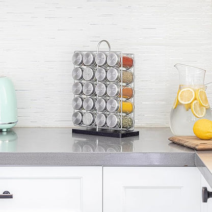 Orii 20 Jar Spice Rack Stainless Steel with Spices Included - Standing Rack Shelf Holder & Countertop Spice Rack Tower Organizer for Kitchen Spices with Spice Refills for 5 Years