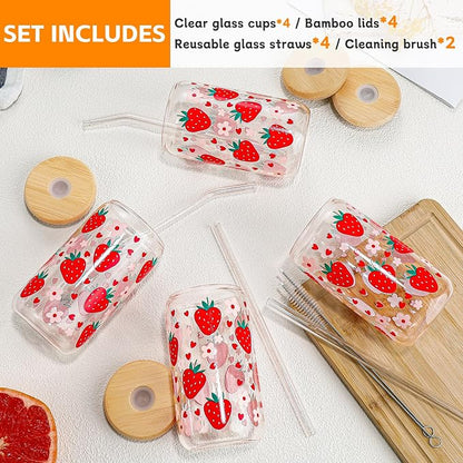 Glass Cups with Lids and Straws with Design Strawberry 4 pcs, Glass Tumbler - Image 4