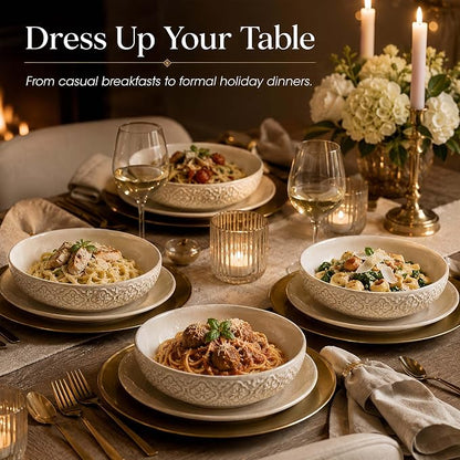 8 inch Pasta Bowls, 22 Oz Ceramic Serving Bowls Set of 4, Embossed Porcelain - Image 2