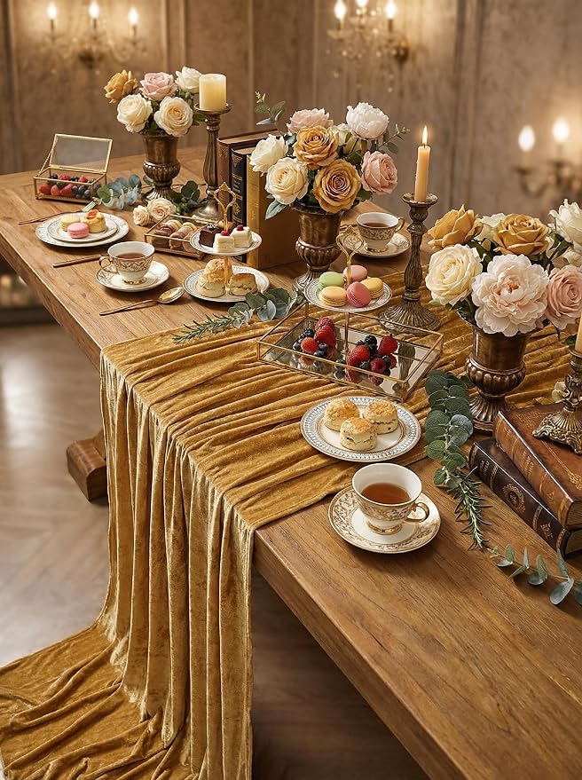 Gold Velvet Table Runner 10ft Extra Long Luxury Fall Thanksgiving Runners | 5 - Image 4
