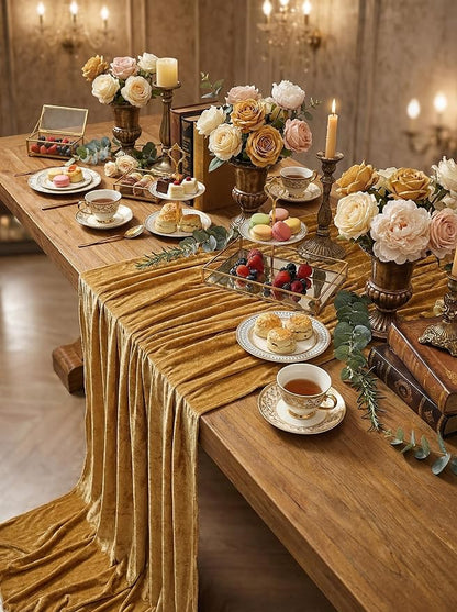 Gold Velvet Table Runner 10ft Extra Long Luxury Fall Thanksgiving Runners | 5 - Image 4
