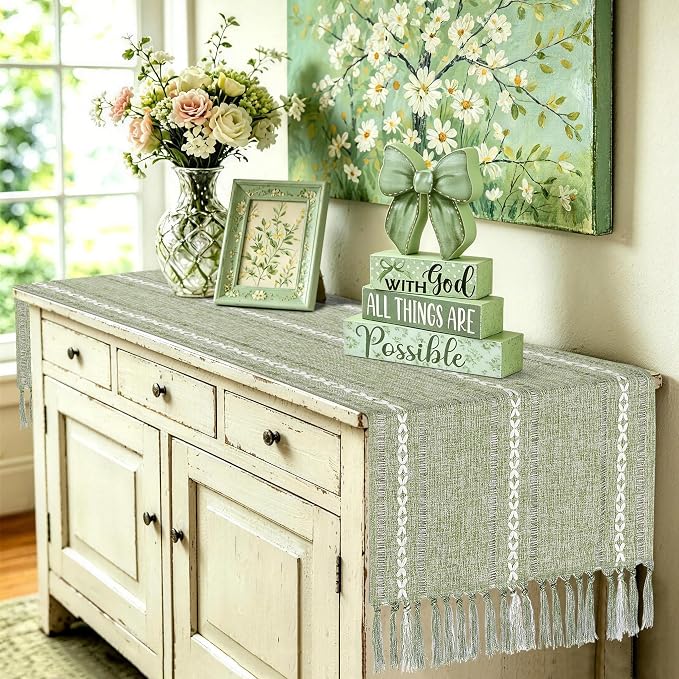 Sage Green Table Runner 15 x 72 Inches, Spring Summer Cotton Linen Coffee Table - Image 8