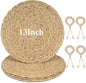 13” Woven Round Placemats Set of 4, Natural Water Hyacinth Braided Table Mats with 4 Wood Bead Napkin Rings, Washable Boho Farmhouse Rattan Place Mats for Home, Outdoor, Table Decor, Dinning, Wedding
