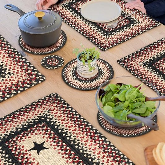 Homespice Primitive Star Gloucester Jute Braided Trivets for Table - Set of 6, Round 8", Black & Red - Rich Colors, Easy to Clean, Durable and Protects Furniture