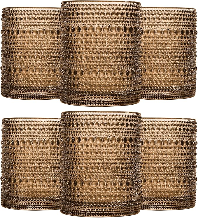 JOVGANK Brown Vintage Hobnail Drinking Glasses Set of 6, Embossed Water Tumbler by JOVGANK